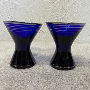 Vintage Set of 2 Cobalt Blue Cocktail Glasses with Silver Platinum Banding MCM